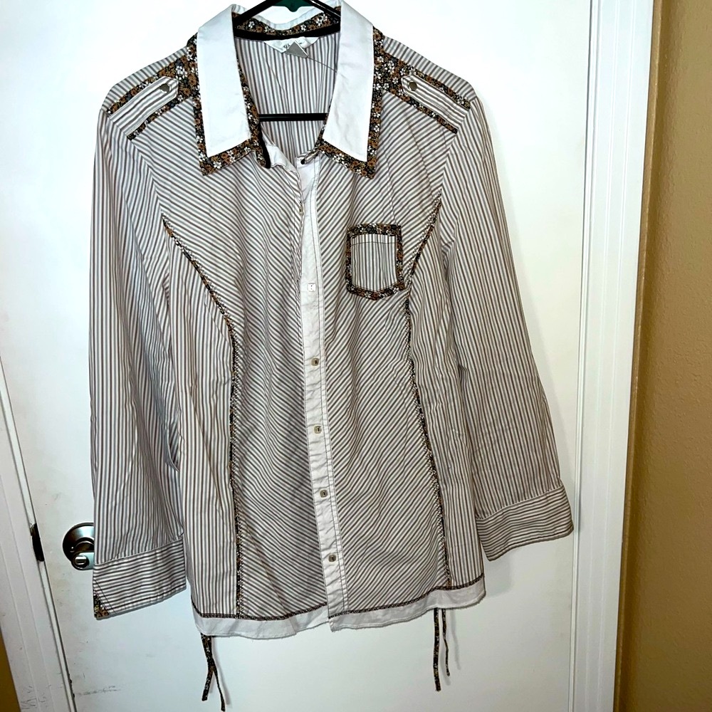 CJ Banks Floral Trim Striped Shirt